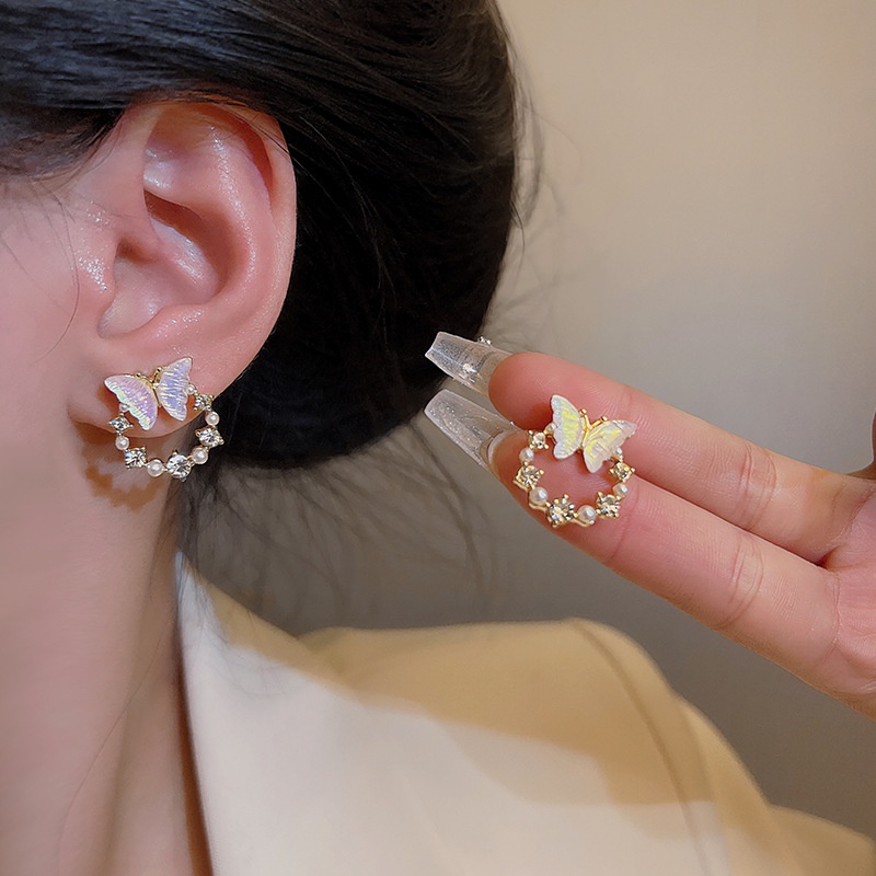 Super Cute925 Perak Jarum Gradien Kupu-Kupu Anting Perempuan ins Fashion Mutiara Telinga Studs