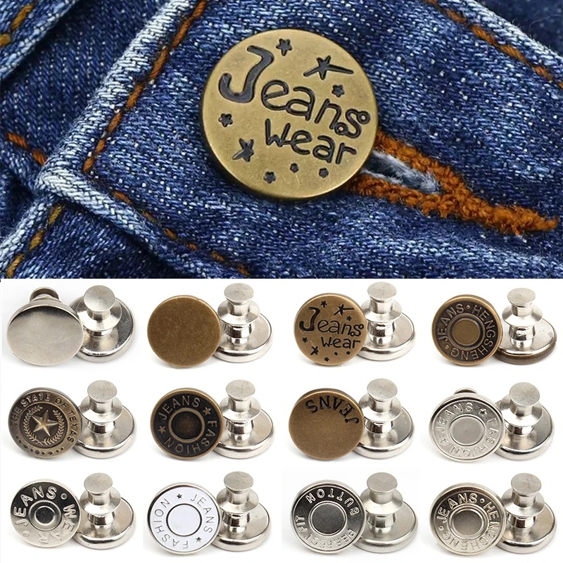 [Unggulan] 10pcsjeans Button Pins Snap Pengikat Celana Pin Bebas Paku Jeans Pinggang Gesper Reusable and Adjustable Metal Pants Button With screwdriver Detachable Jeans Screw Button