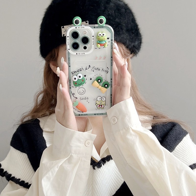 So Cute！3D Frog Eyes &amp; Duck Doll Soft Case HP iP iPhone 11 12 13 14 Pro Max 7 8 + Plus SE 2020 X XR SE 2020 XS Max FTD Clear Card Bag Casing Apple