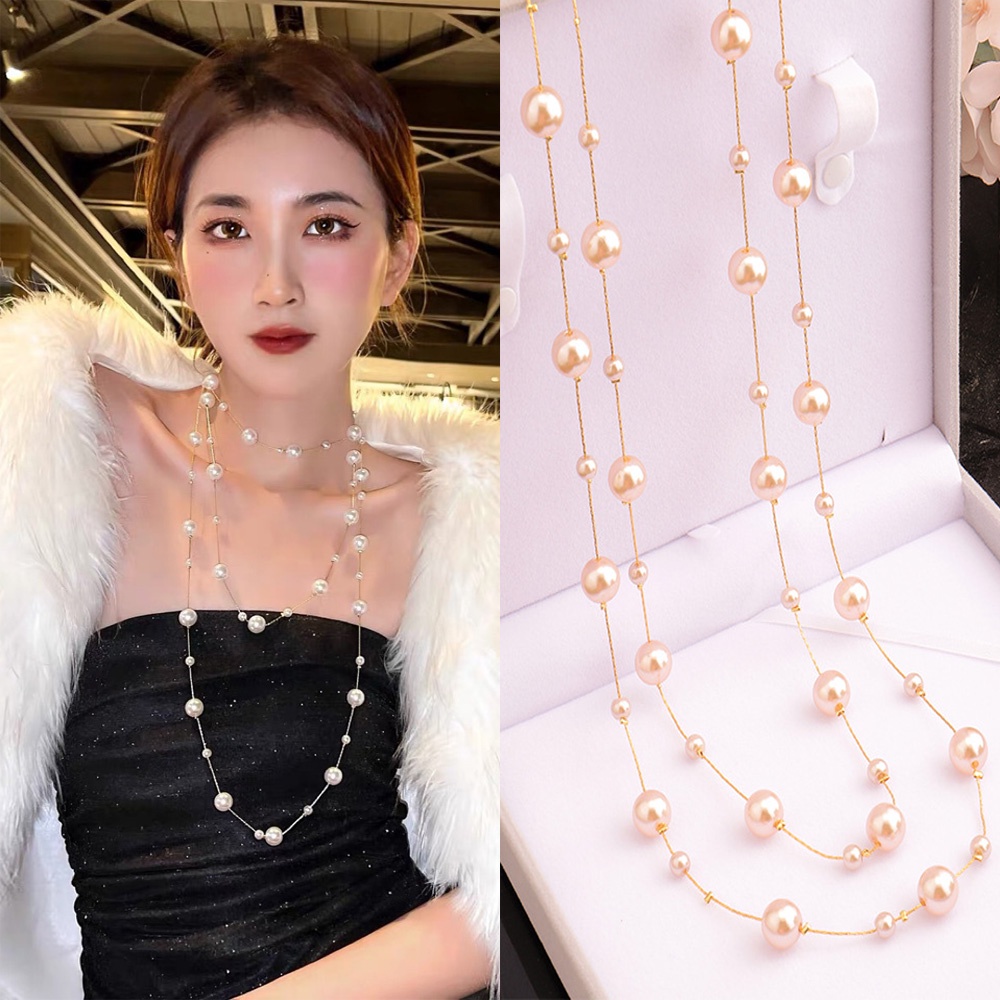 Deartiara Korea Fashion Super Panjang Kalung Mutiara Imitasi Serbaguna Liontin Manik-Manik Desain Multilayer Sweater Rantai