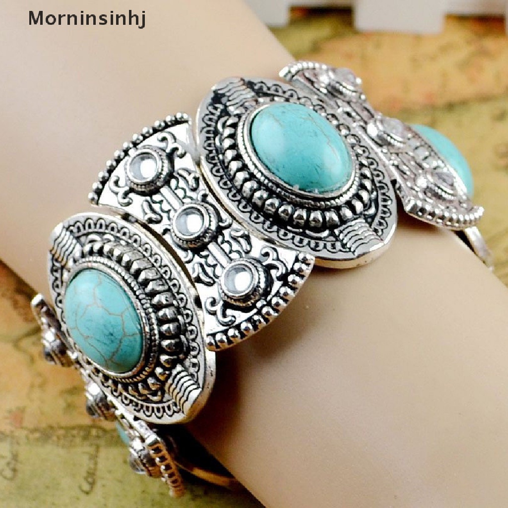 Mornin Stylish Boho Womens Retro Vintage Natural Turquoise Tibet Gelang Perak Cuff id