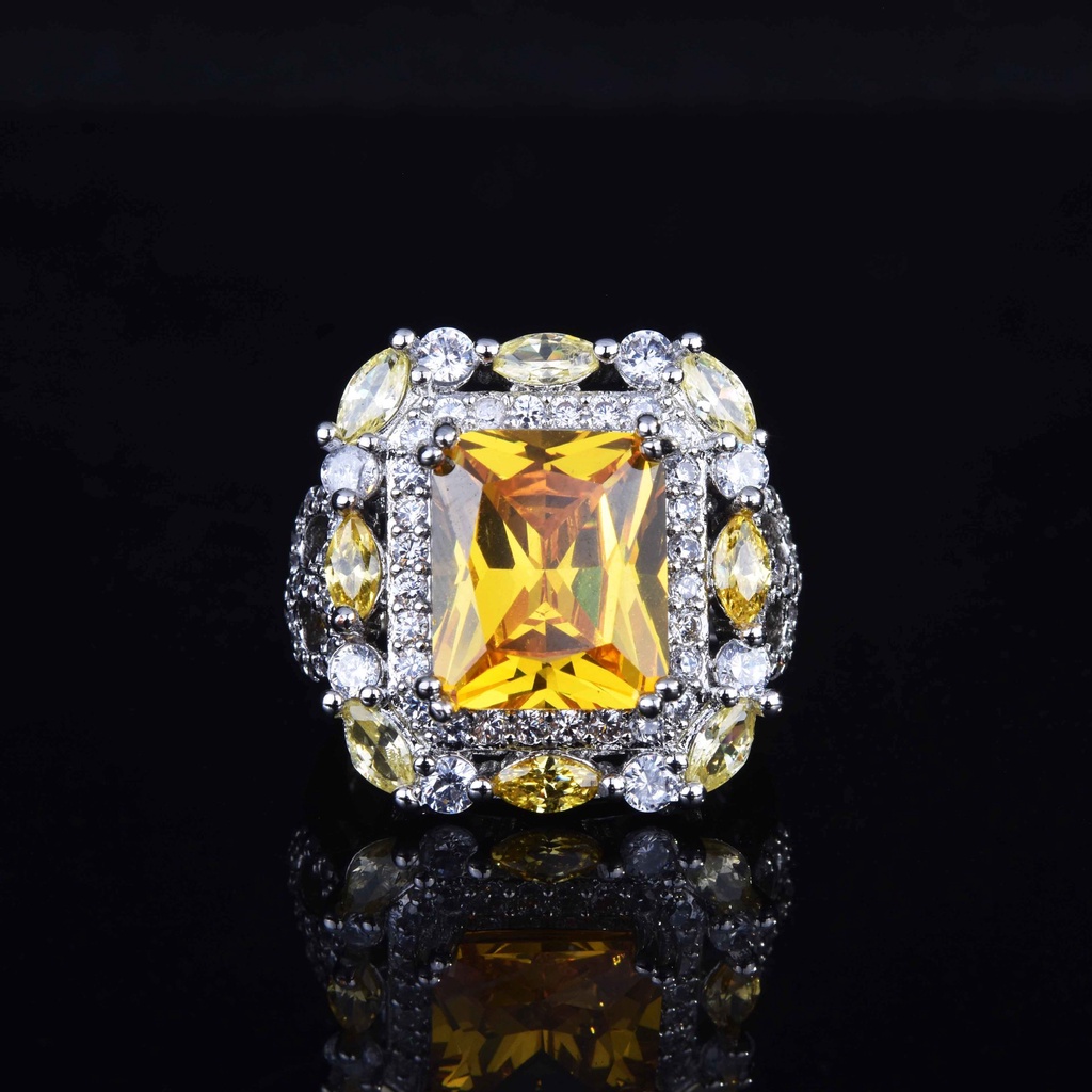 Goldkingdom Fashion Perhiasan Aksesoris Ready Stock Mewah New Citrine Berwarna Permata Cincin Eropa Dan Amerika Micro-set Mewah Putri Persegi Berlian Terbuka Cincin