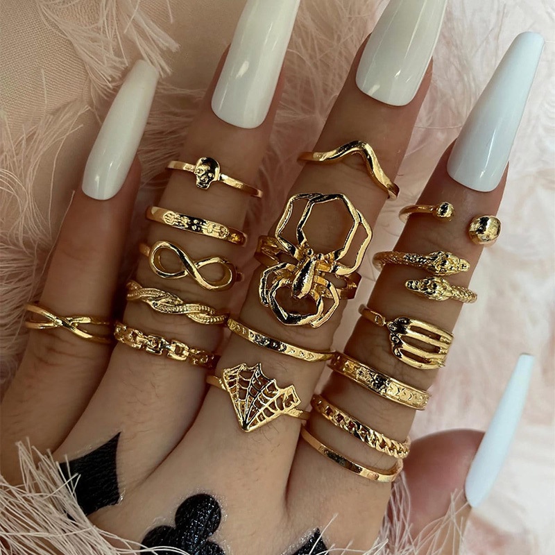 15pcs/set Punk Rock Stylish Spider Snake Rings Set Untuk Wanita Tak Terbatas8 Hantu Tidak Teratur Geometri Bersama Cincin Perhiasan