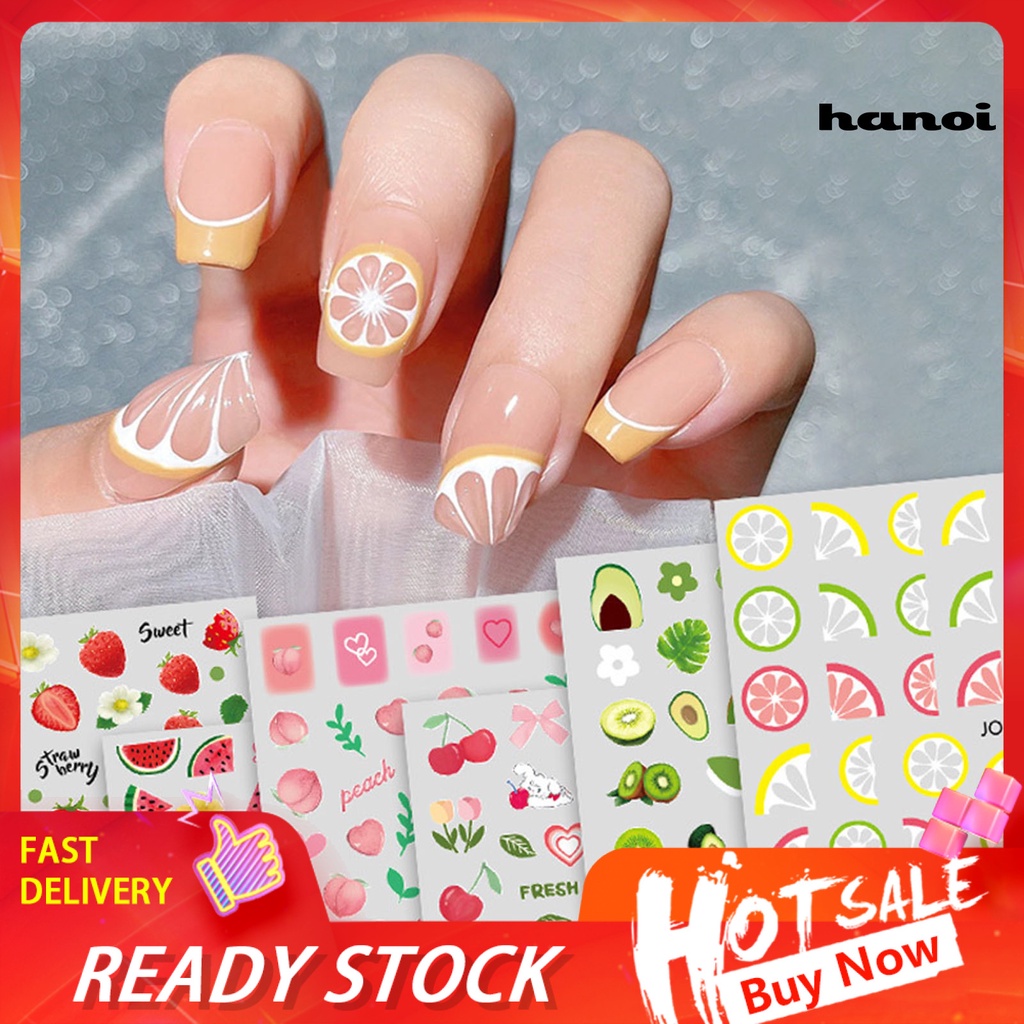 Hi Stiker Kuku Pola Indah Warna Vibrant Perekat Diri Ultra-Tipis Kuat Lengket Dekoratif 6gaya Strawberry Cherry Buah Bertema Nail Art Decal Perlengkapan Kuku