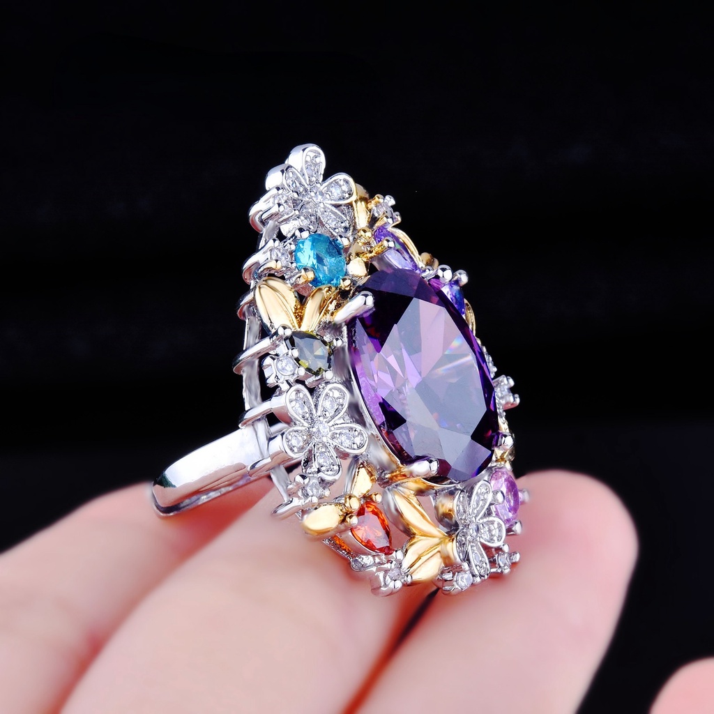 Goldkingdom Fashion Perhiasan Aksesoris Ready Stock Italia Duawarna Kerajinan Emas Asli Kadar 375 Rahasia Taman Liontin Mewah Penuh Berlian Amethyst Cincin Bunga Terang Anting