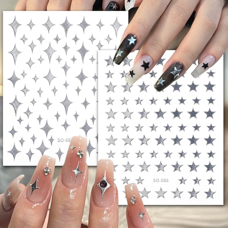 Simple Silver Star Manicure Sticker/3D Realistis Laser Flash Self-adhesive Style Nail Decal Aksesoris