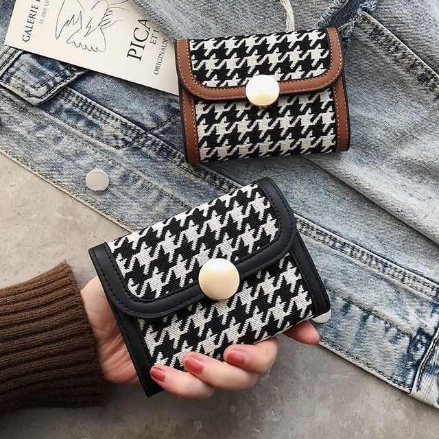 Sera dompet wanita bagian pendek 2022 baru kanvas retro houndstooth lipat sederhana multi-slot kartu sederhana tas kartu pelajar wanita