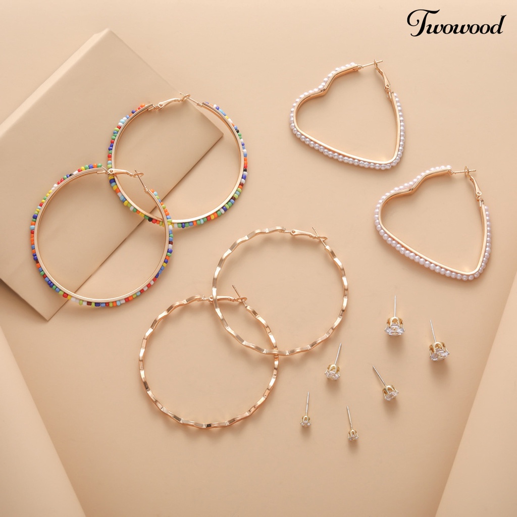 Twowood 6pasang Hoop Earrings Set Mini Beads Rhinestones Inlay Geometris Alloy Perhiasan Elegan Dress-Up Aksesoris Lingkaran Anting Telinga Studs Malam Pesta Memakai Perhiasan Hadiah