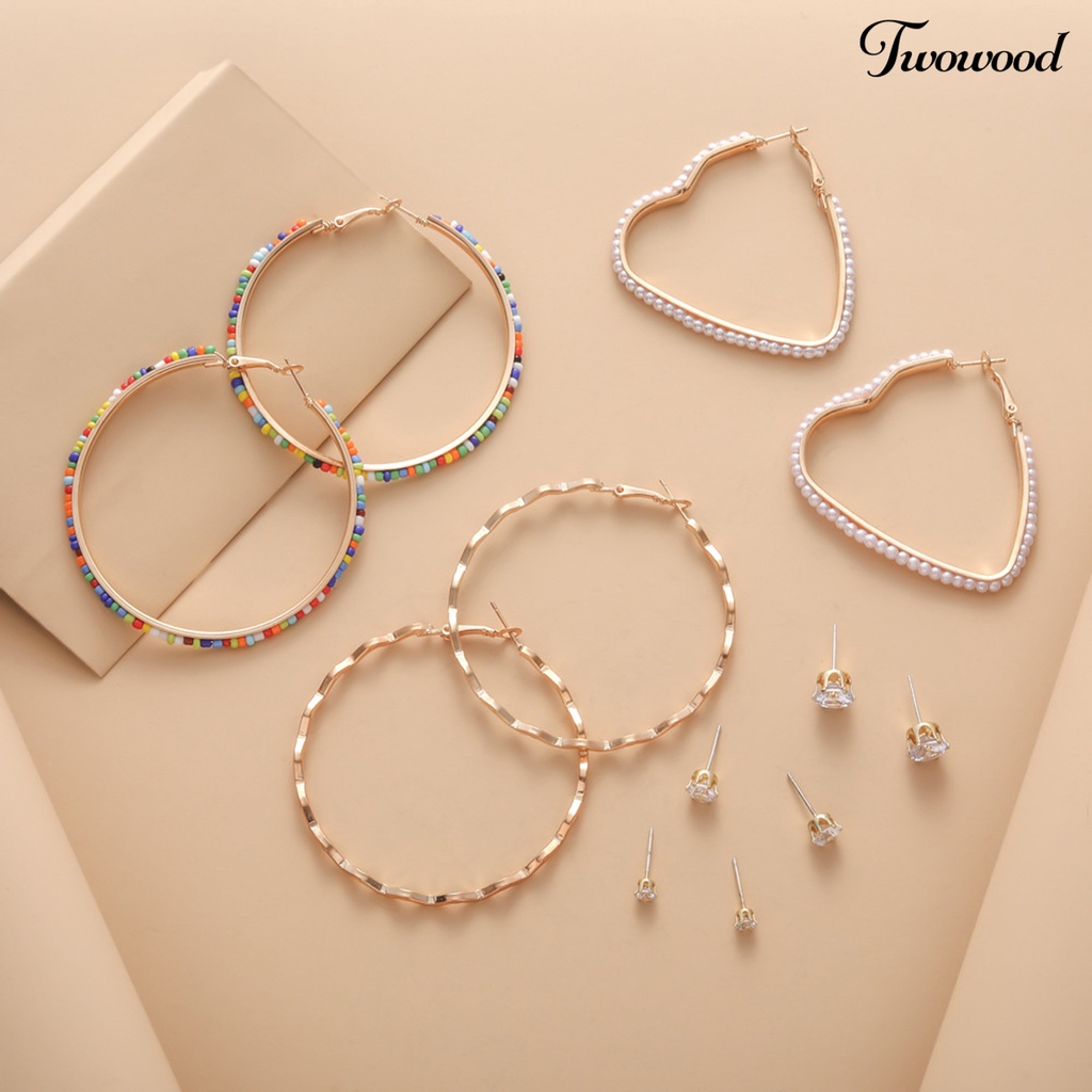 Twowood 6pasang Hoop Earrings Set Mini Beads Rhinestones Inlay Geometris Alloy Perhiasan Elegan Dress-Up Aksesoris Lingkaran Anting Telinga Studs Malam Pesta Memakai Perhiasan Hadiah