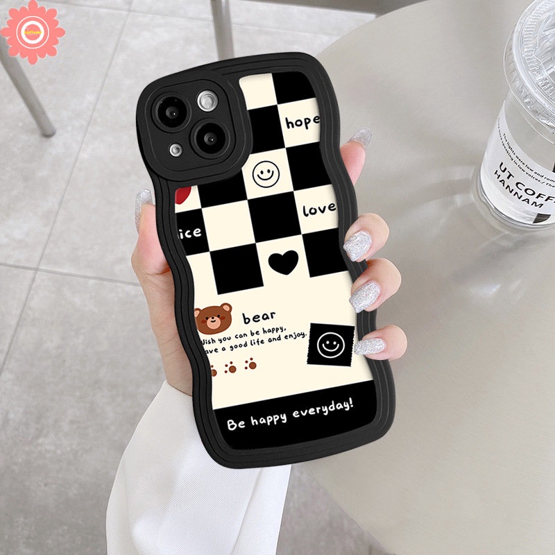 Infinix Smart 5 4 6 Plus Hot 11 10 Play 12 Pro 10Lite 11s 12i 20 20s 10T 9 8 Hot 10s 11s NFC Note 8 12 G96 10Pro 12Pro 12 2023 Couple Chessboard Cute Bear Smile Soft Wavy Edge Case