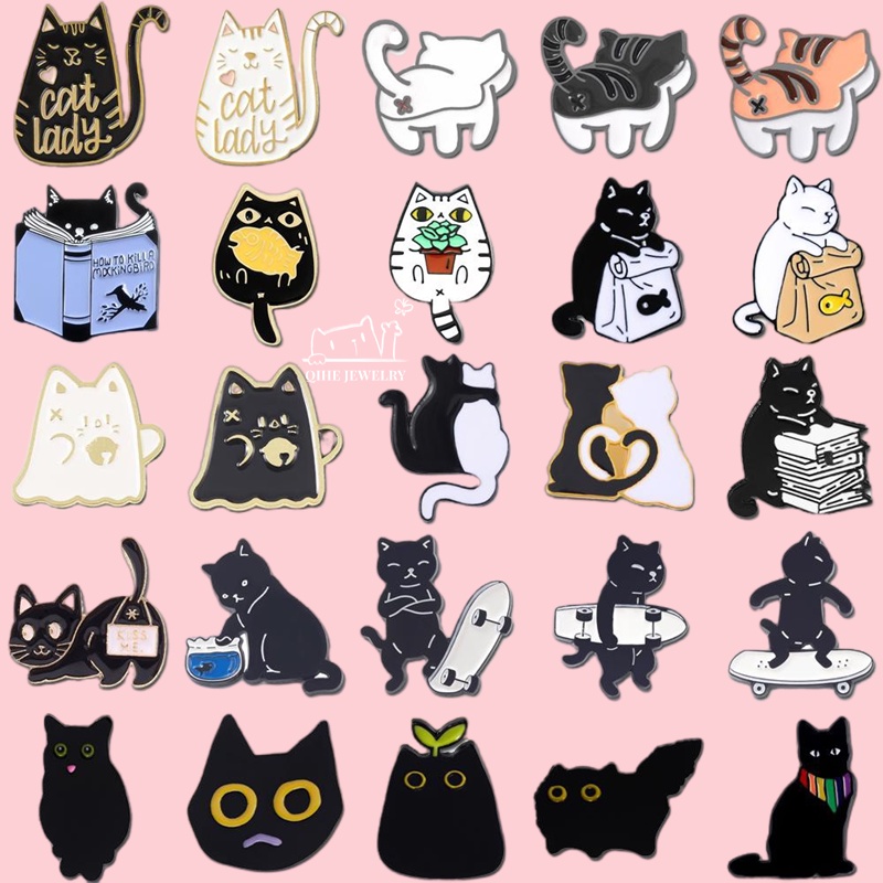 Enamel Pin Lucu Hitam Putih Kucing Tas Bros Fashion Perhiasan