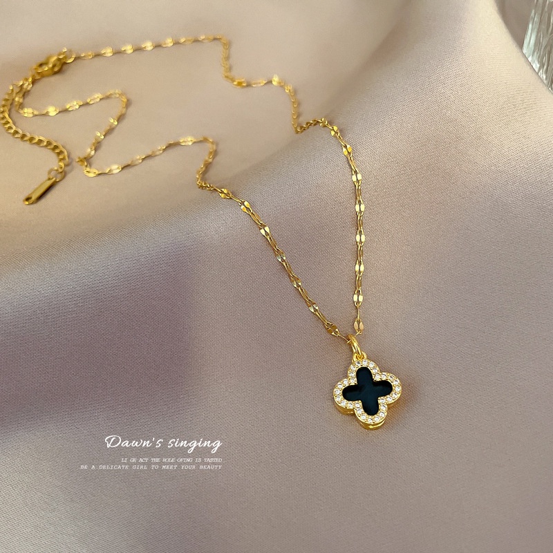 Kalung Titanium Asli Wanita Anti Karat Emas 18K Clover Aksesoris