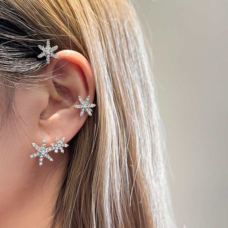 Desain Kecil Anting Klip Tulang Telinga Canggih Snowflake Ear Hanging Anting Terintegrasi Enam Bintang