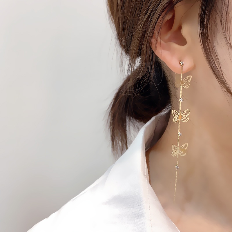 Retro Super Peri Kupu-Kupu Anting Panjang Berkelas Rumbai Berlian Imitasi Anting Perempuan Gaya Keren Korea Unik Sterling Silver Earrings