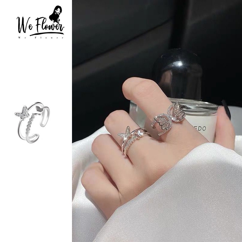 We Flower Korea Perak Berkilau Kristal Kupu-Kupu Cincin Untuk Wanita Perempuan Elegan Terbuka Cincin Adjustable Jari Manset Perhiasan Untuk Pesta Pertunangan