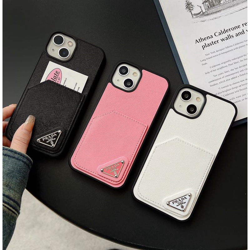 Couple Luxury Brand Parada Hard Leather Case Untuk Ip Apple IPhone 11 12 13 14 Pro Max 14 Plus 14+ Sarung Handphone Wanita Dengan Tas Card Holder