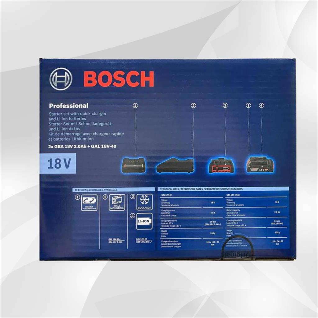 BOSCH BATERAI STARTER KIT 2x GBA 18V 2.0 AH + CHARGER GAL 18V-40