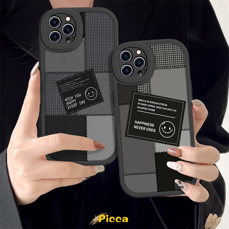 Couple Casing Oppo A17 A7 A57 A16 A1K A95 A15 A17K A96 A9 A5 A54 A5s A74 A55 A3S A77s A12 A16K A76 A53 A31 A16E A92 Reno 5F 5Z 87 7Z 5 Smiley Lucu Label Hitam Jahitan Lembut Sarung