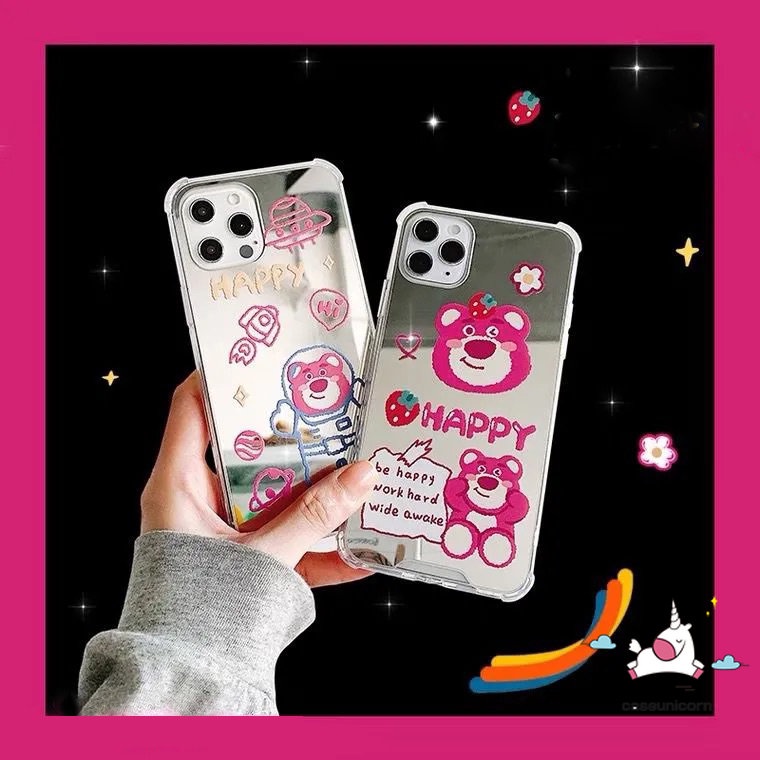 Casing Ponsel Manyo Kartun Strawberry Bear Lucu Imut Kompatibel Untuk iPhone 7plus XR 11 12 13 Pro MAX 7 8 Plus X XS MAX SE 2020 Lembut Jatuh Shockproof Make Up Mirror Back Cover