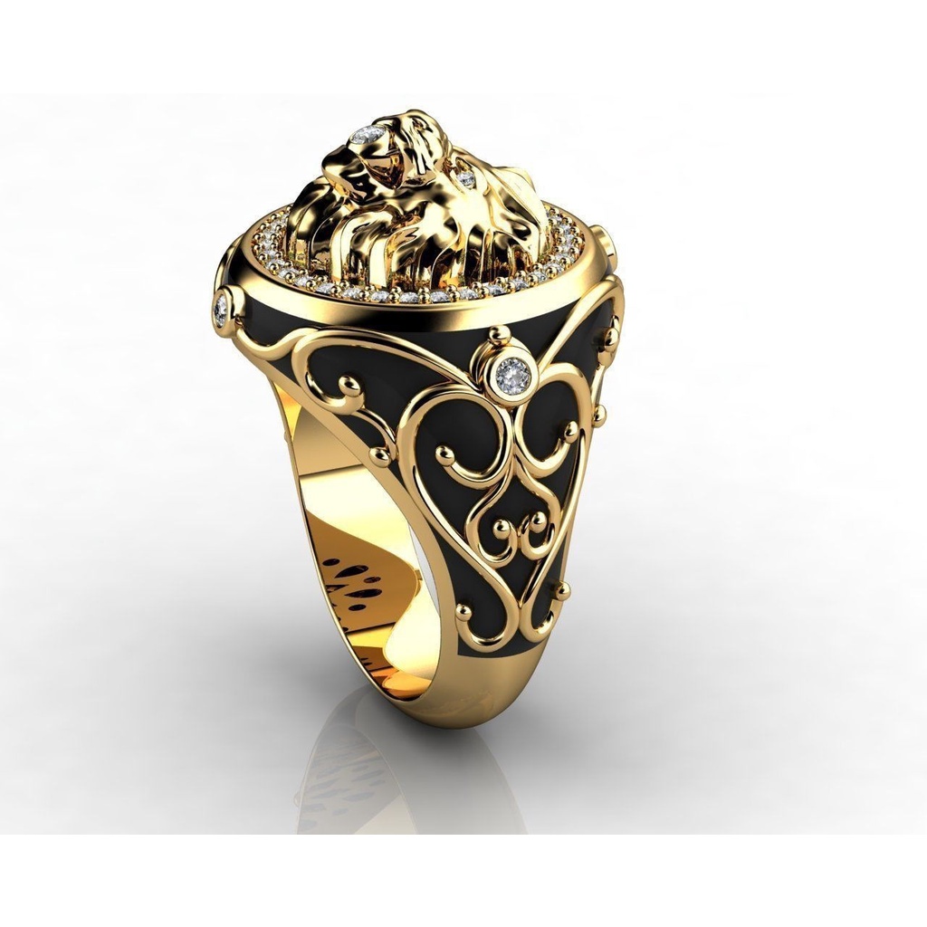 Goldkingdom Aksesoris Perhiasan Fashion Ready Stock Berlian Lion Ring Punk Berlapis Emas Asli Kadar 375 Cincin Pertunangan Untuk Pria Dan Wanita