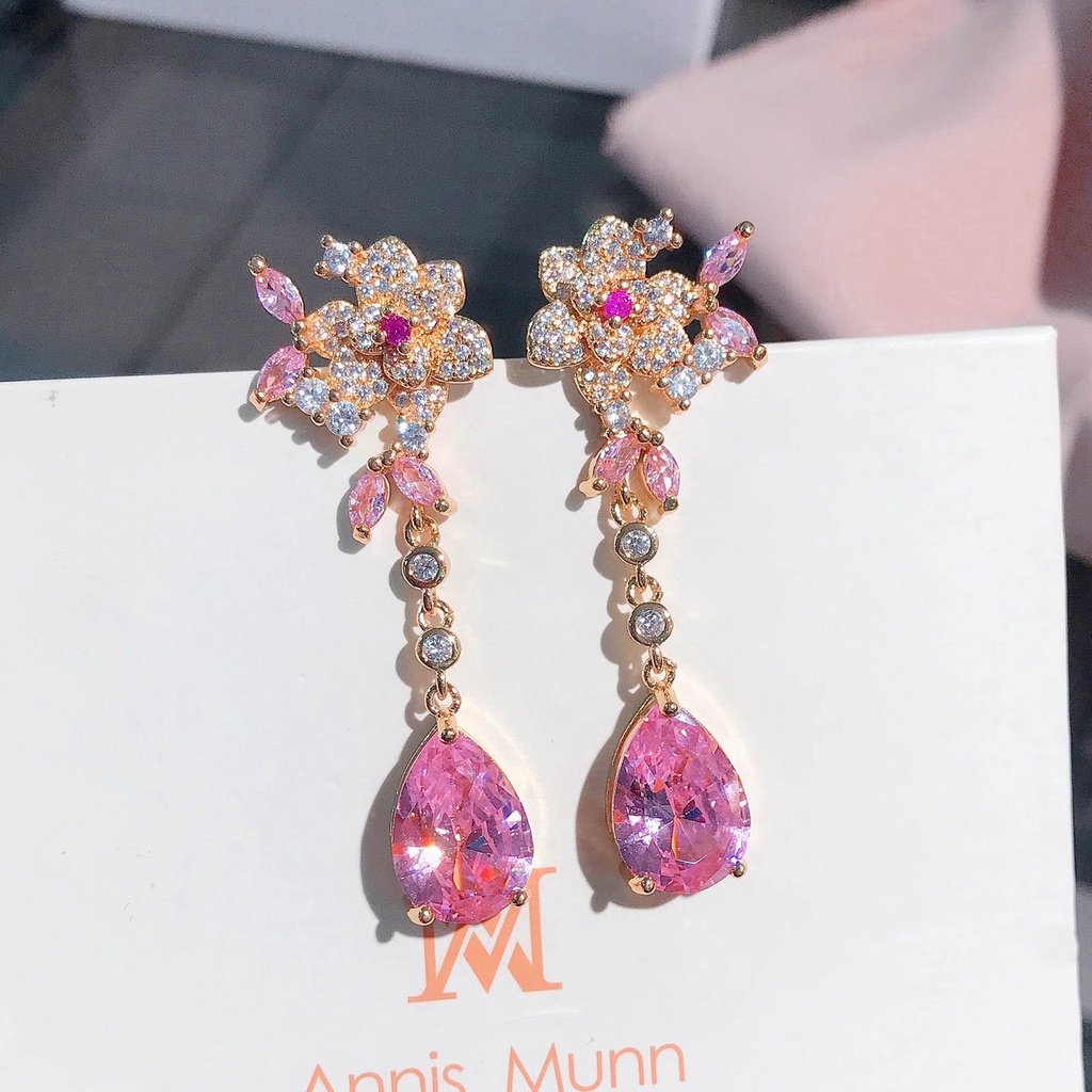 Goldkingdom Fashion Perhiasan Aksesoris Ready Stock Bunga Anting Stud Perak Jarum Tiga Dimensi Rose Pink Tetesan Air Berbentuk Permata Anting Kristal Panjang Anting Wanita