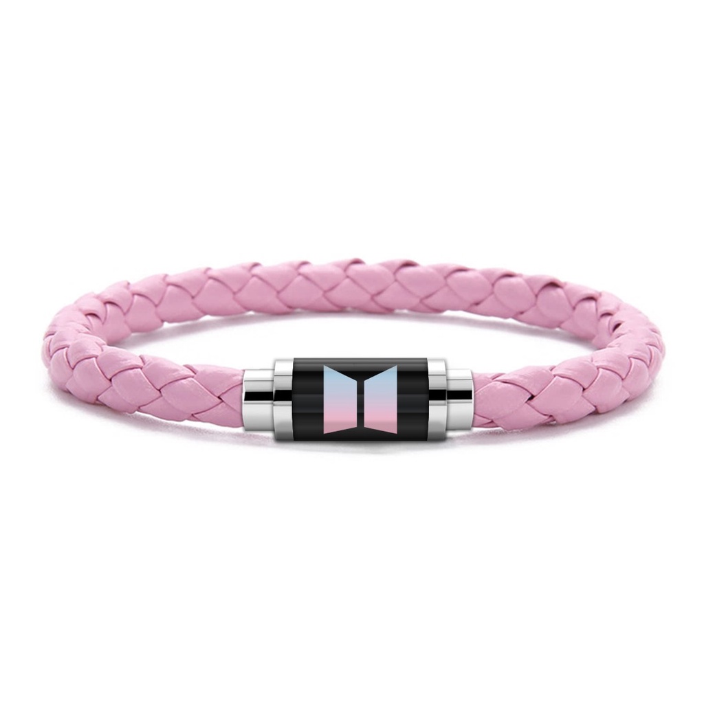 Gelang BTS Bangtan KPOP Korea Tali Kulit Kepang Warna Pink Putih Hitam Tabung Kaca Pengait Magnet Stainless Steel Pria Wanita
