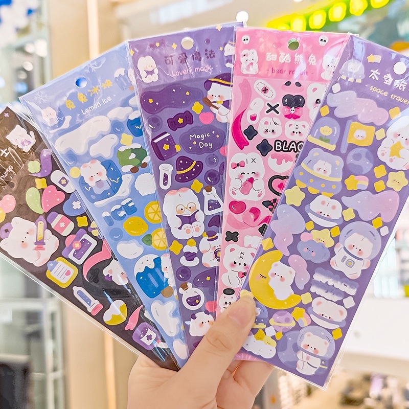 Diy Goo Card Handbook Bahan Stiker Lucu Kartun Beruang Kelinci PVC Stiker Warna-Warni Laser Sequin Stiker Universal Item Marking Dekoratif Patch