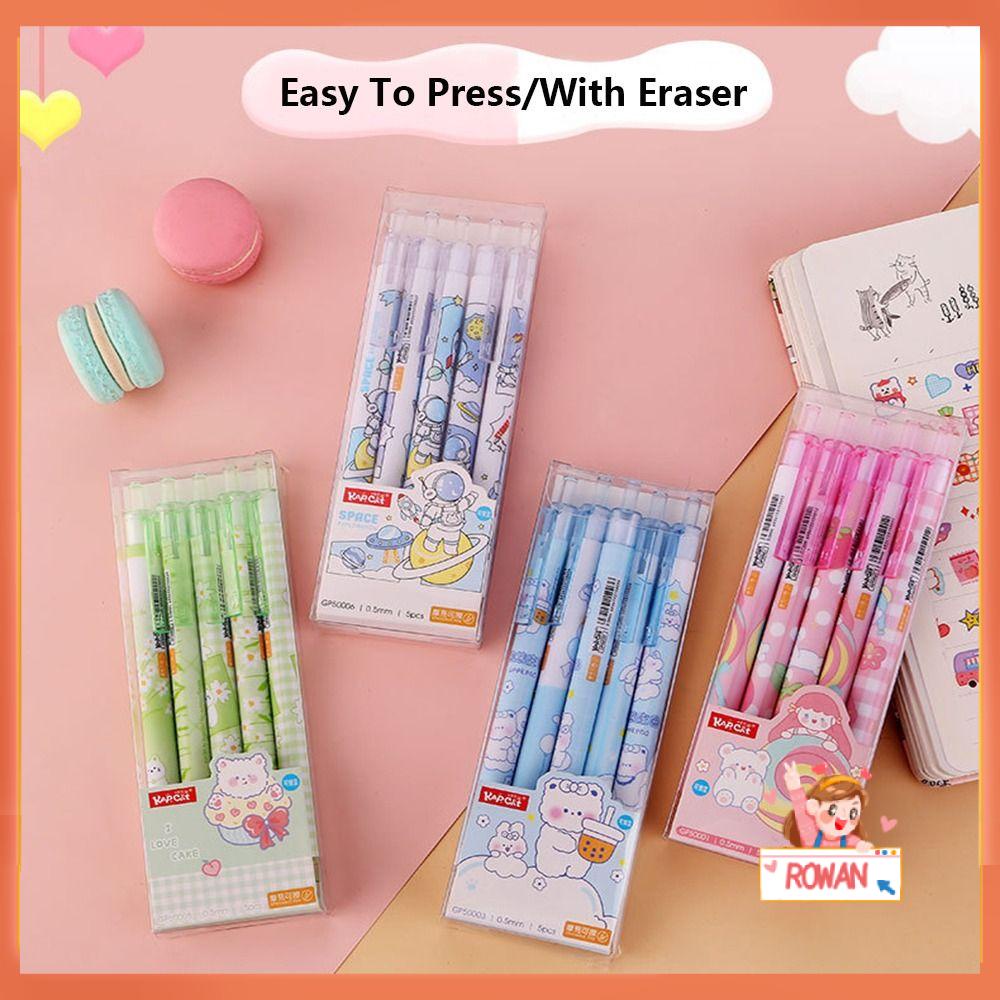 R-flower 5PCS/Set Pulpen Gel Alat Tulis Kartun Tinta Biru Press Type Signature Pen