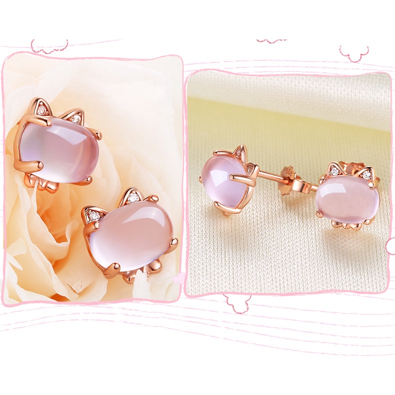 Goldkingdom Fashion Perhiasan Aksesoris Ready Stock Perak Disepuh Rose Gold Pink Kristal Anak Kucing Anting Liontin Korea Temperamen Batu Perhiasan Perak