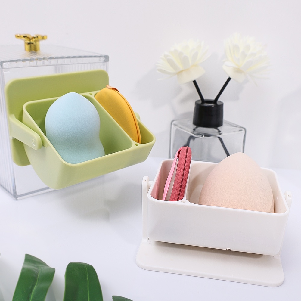 Beauty Egg Puff Braket Penyimpanan Dua Kompartemen Yang Dapat Diputar Di Dinding Tiga Dimensi Kotak Penyimpanan Self-Adhesive Makeup Sponge Storage Rack