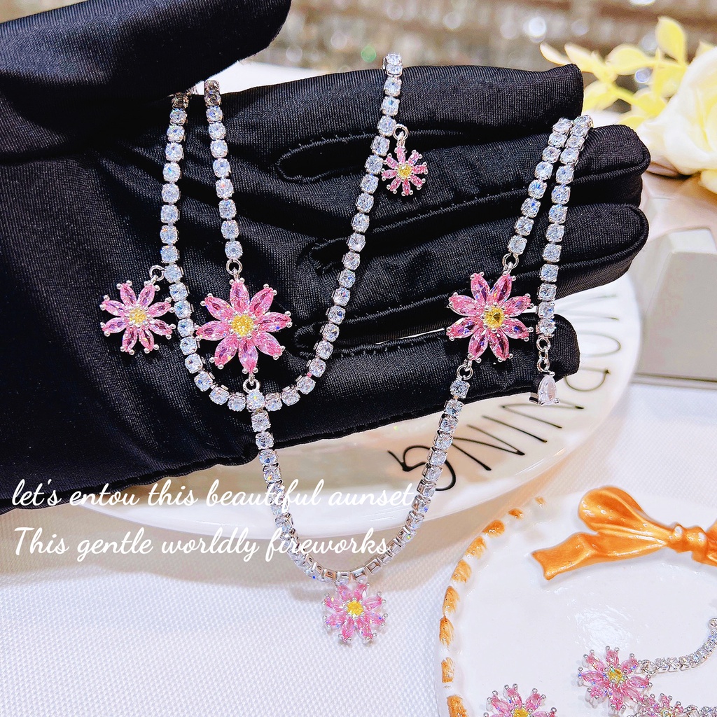 Goldkingdom Fashion Perhiasan Aksesoris Ready Stock Desainer Merah Muda Daisy Berpohon Anting, Anting, Industri Berat, High-end Multi-Layer Kalung, Es Peri Dongeng Set