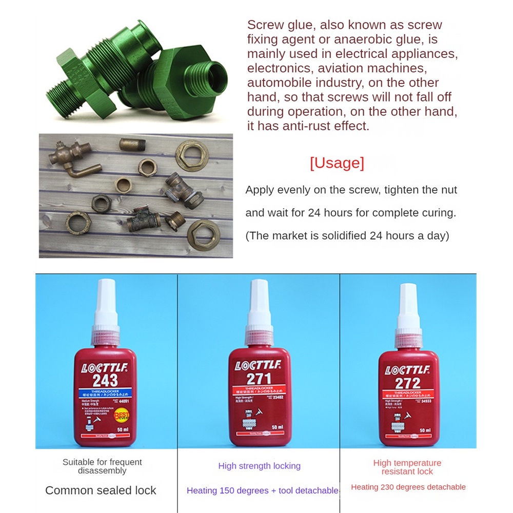 ღ 50ml Agen Pengunci Benang Locttle 222 242 243 263 271 Metal Screw Adhesive Anaerobic Anti-slip Sealing Glue Removable Thread Locking Agent