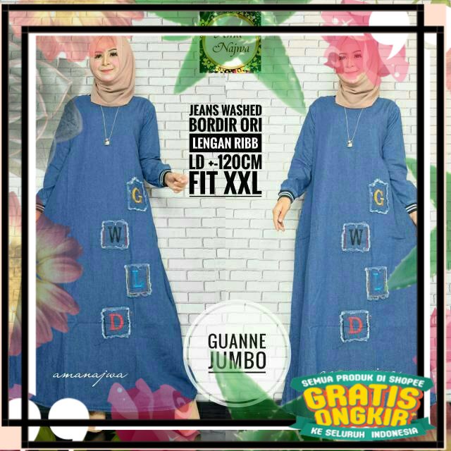 Gamis Jeans Terbaru Jumbo Kekinian ld120-pb140 syari big size dress murah lebaran / rajut