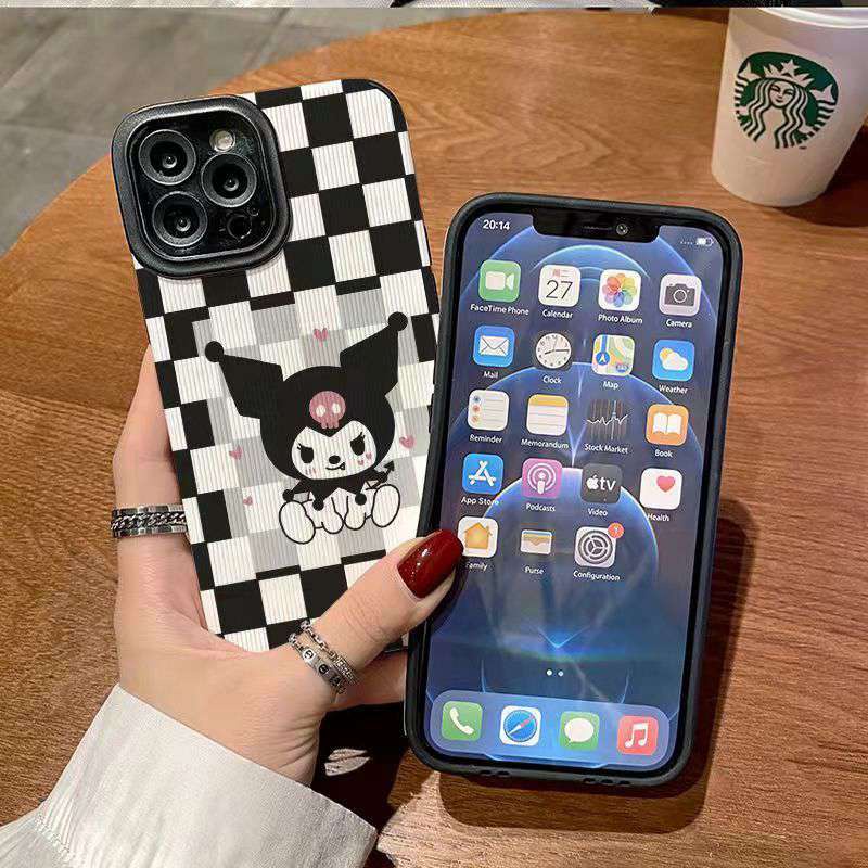 【Lamb Skin】Black and White Checked Kuromi Soft Case for IPhone 6S 7 Plus 8 Plus X XS XR XS Max 11 13 12 14 PRO Max 14 Plus 12 13 Mini Camera Protect Women's Fashion Anime Cartoon