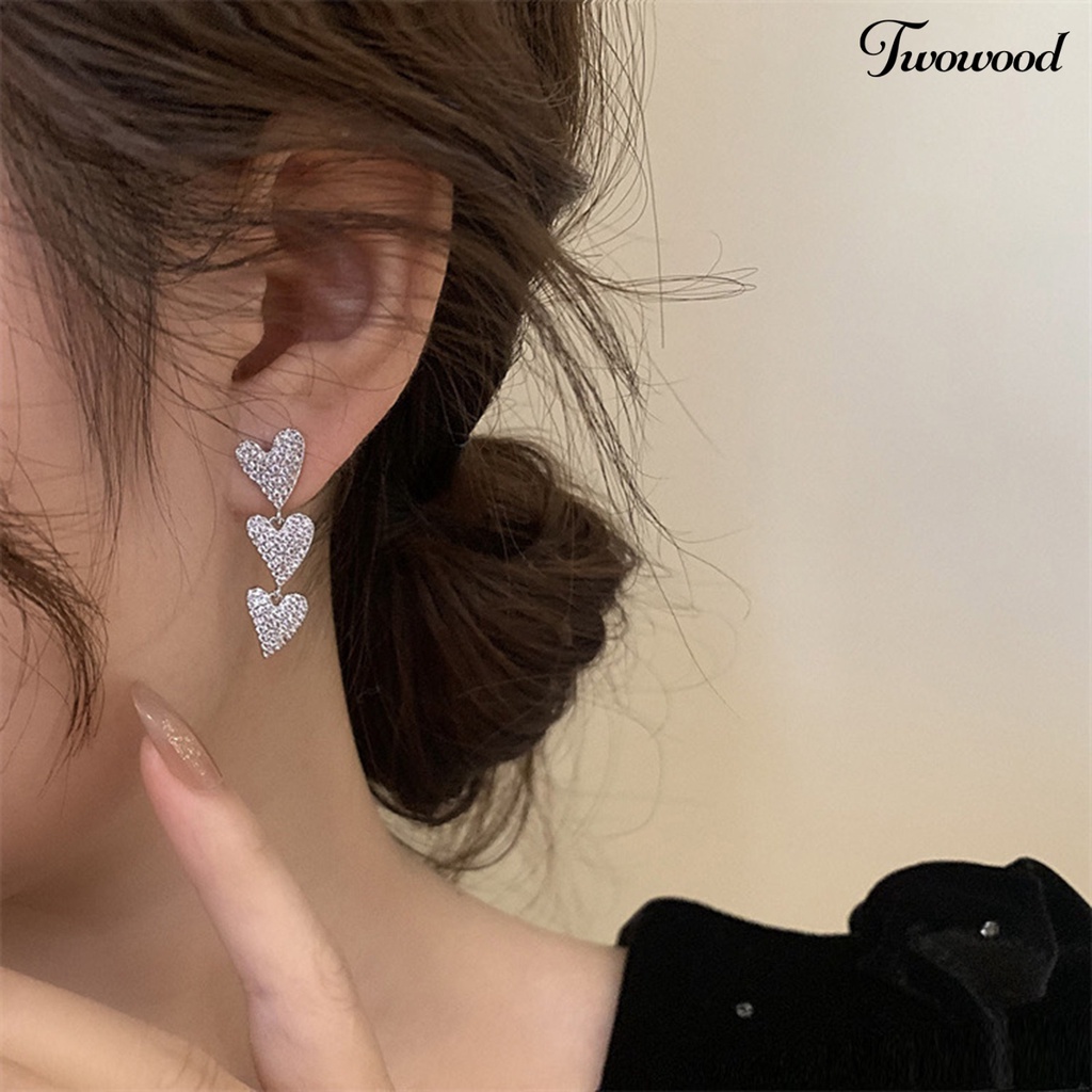 Twowood 1pasang Drop Earrings Cubic Zirconia Sparkling Electroplating Lurus Gantung Liontin Hias Hypoallergenic Cinta Hati Menjuntai Anting-Anting Perhiasan Aksesori