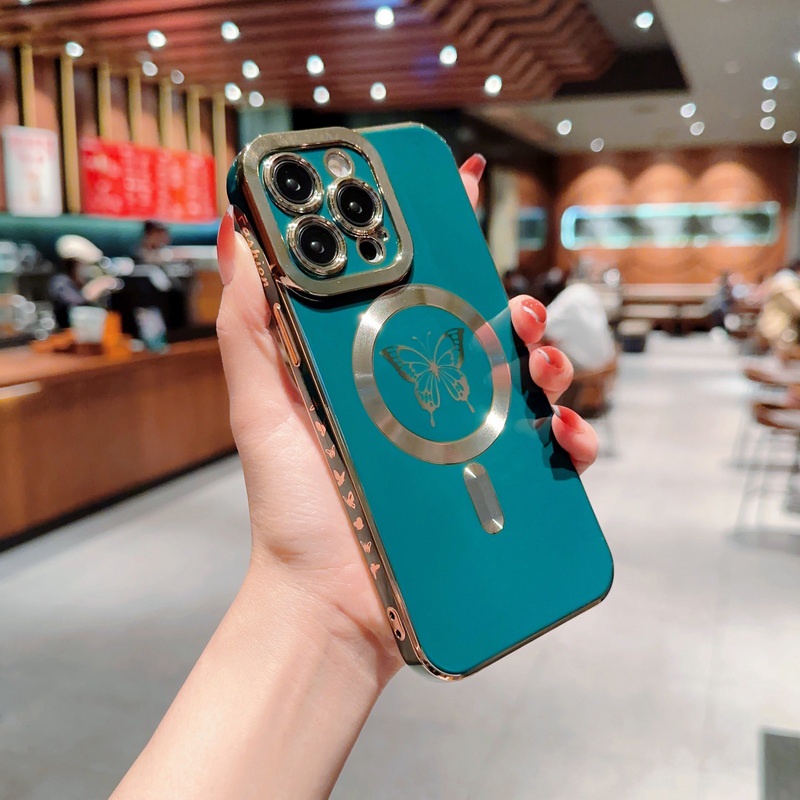 IPHONE Magnetik Untuk Nirkabel Charge Plating Butterfly Case Untuk Iphone14 13 12 Pro Max11 Shockproof Cinta Hati Bumper Cover