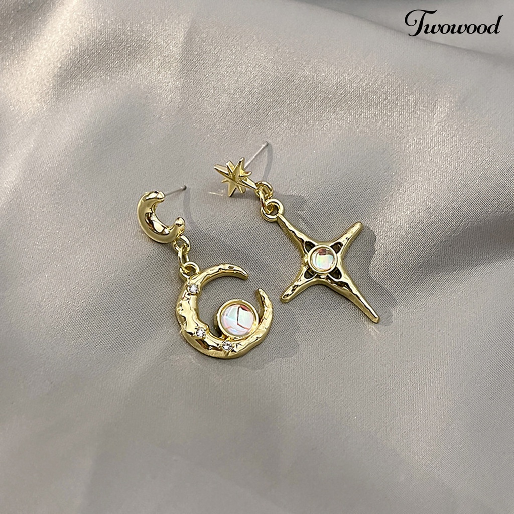 Twowood 1pasang Anting Menjuntai Asimetris Moonstone Glitter Hiasan Telinga Temperamen Berkilau Bulan Bintang Hias Berlian Imitasi Retro Stud Earrings Untuk Pacaran