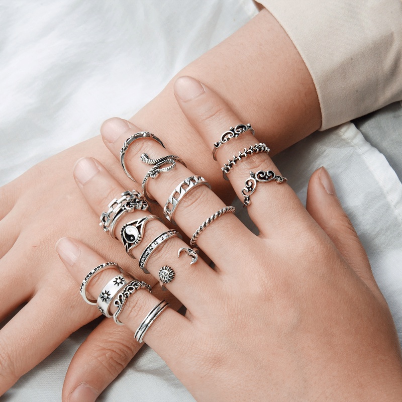 16pcs/set Trendi Perhiasan Dekoratif Pola Ular Jari Cincin Vintage Tai Chi Pola Cincin Pesta Kerawang Alloy Ring