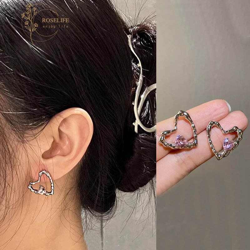 Roselife Korea Manis Keren Merah Muda Pesona Kristal Anting Hati Besar Untuk Wanita Gadis Chic Cinta Hati Anting-Anting Fashion Telinga Perhiasan Hadiah