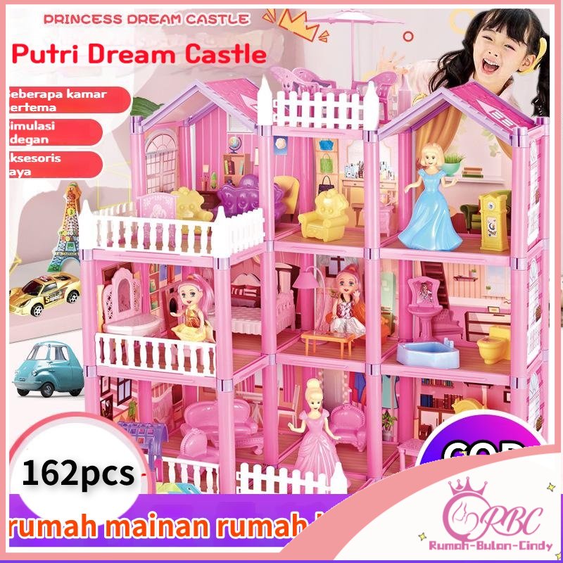 162 Buah Permainan Anak-anak Rumah Mainan Rumah Boneka Villa Kastil Putri Setelan Gadis simulasi Dirakit Rumah DIY Hadiah/Mainan Dream Castle Rumah Boneka DIY