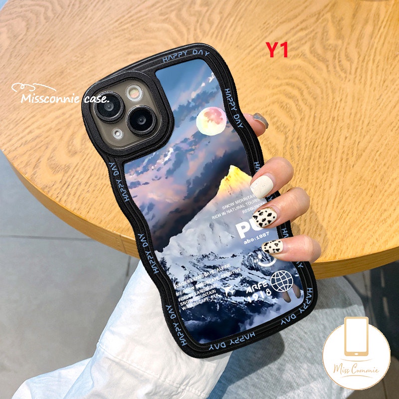 IPHONE Couple Case Kompatibel Untuk Iphone11 14 12 13 Pro Max 7Plus XR X XS Max 7 6 6s 8 14 Plus SE 2020 Fantasi Matahari Salju Gunung Lembut Tpu Bergelombang Tepi Smile Phone Cover