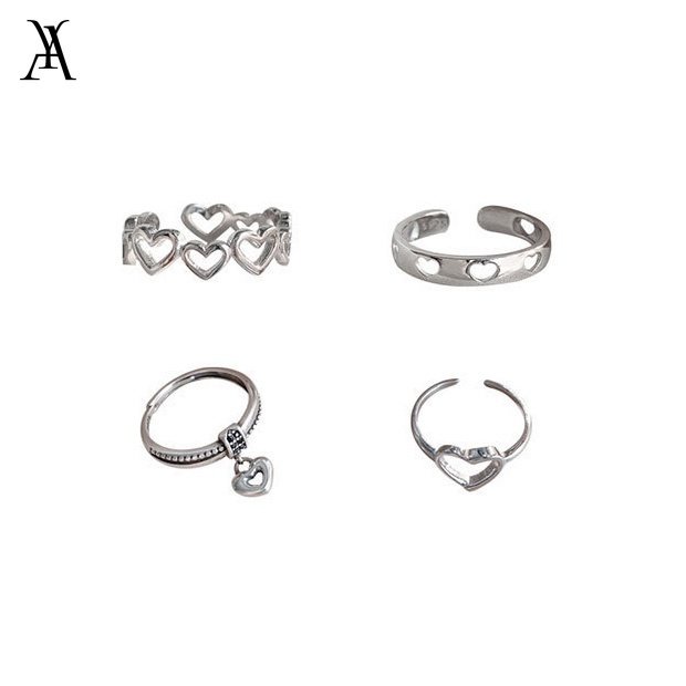 AY(CN) 4pcs / Set Cincin Model Twist Hollow Hati Warna Silver Untuk Wanita