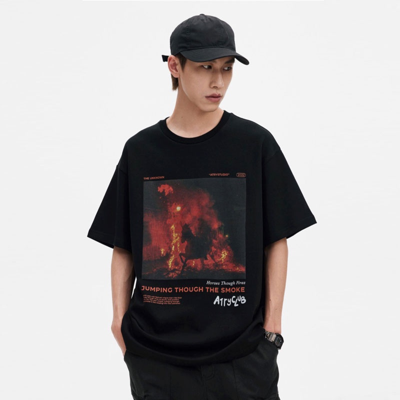 FLAME HORSE PRINT HIGH STREET SHORT SLEEVE T-SHIRT MEN'S SUMMER CHINESE FASHION BRAND CASUAL LOOSE ROUND NECK HALF SLEEVE TOP KAOS SUPER KOREAN VERSION