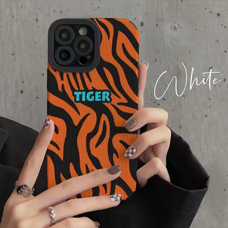 【Lamb Skin】Orange Tiger Pattern Soft Case for IPhone 6S 7 Plus 8 Plus X XS XR XS Max 11 13 12 14 PRO Max 14 Plus 12 13 Mini Camera Protect Women's Baolongwish Casing