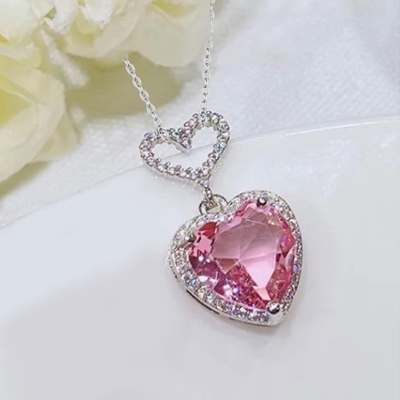 Kalung Liontin Kristal Pink Choker Rantai Hollow Hati Silver Untuk Aksesoris Perhiasan Wanita