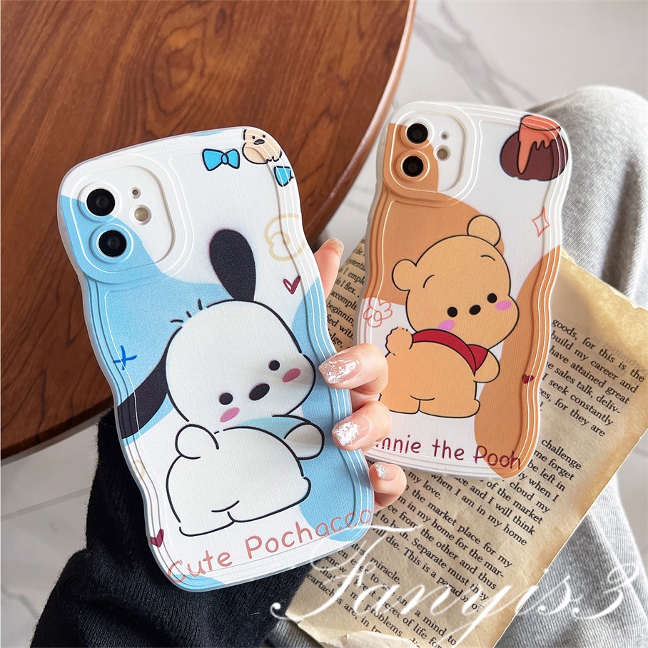 Compatible For iPhone 14 13 12 11 Pro Max X XR Xs Max 8 7 6 6s Plus SE 2020 Kompatibel Untuk Kartun Anjing Dan Beruang Gelombang Frame Phone Case TPU Lembut Cover Pelindung