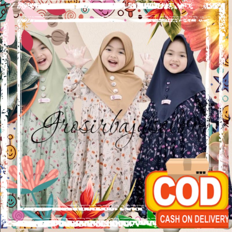 BEST SELLER GAMIS ANAK MOTIF FLOW FREE HIJAB / jotol hijau botol