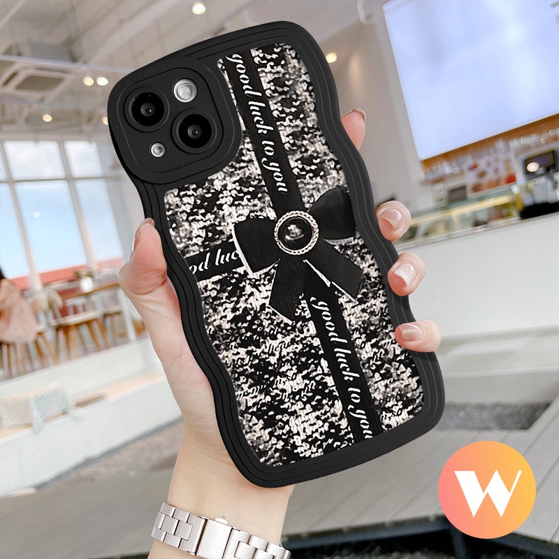 Casing Redmi 9A A1 10 10C 9 9T A1+10A 9C NFC Redmi Note 10s 11 10 11s 8 9s 9 11Pro 10Pro Max PO CO M3 X3 NFC Pro Mi 11T Pro Wavy Edge Mewah Retro Black Bow-Knot Casing Tpu Empuk