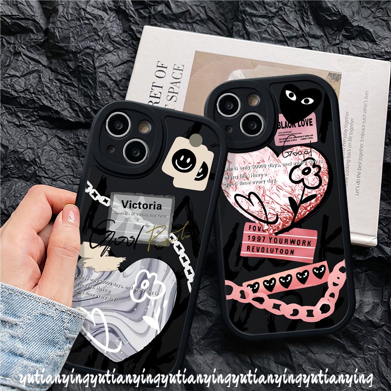 IPHONE Pasangan Casing Kompatibel Untuk Iphone12 11 14 13 Pro Max 7plus XR 6s 7 6 8 Plus XS X Max SE 2020 Ins Graffiti Cinta Hati Trendi Merek Label Soft Tup Case