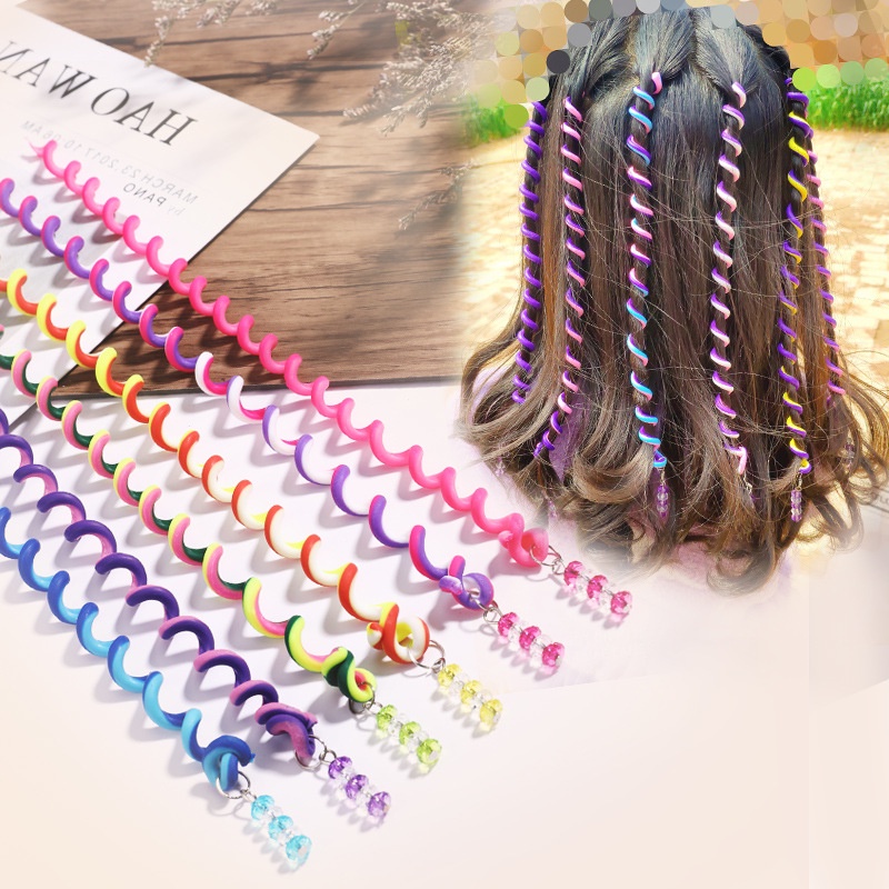 6pcs Lucu Warna Pelangi Twist Kepang Pengeriting Untuk Gadis Anak Aksesoris Rambut Manis DIY Alat Styling Bando Gaya Korea INS Kristal Panjang Elastis Rambut Band Fashion